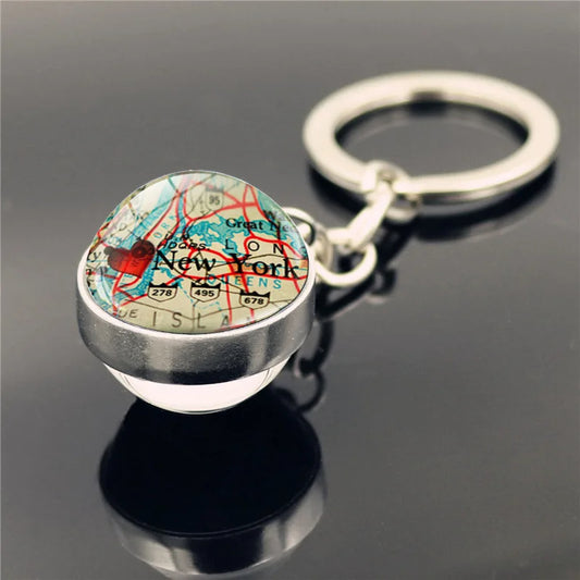 Retro World Map Keychain  Double-Sided Crystal Glass Pendant