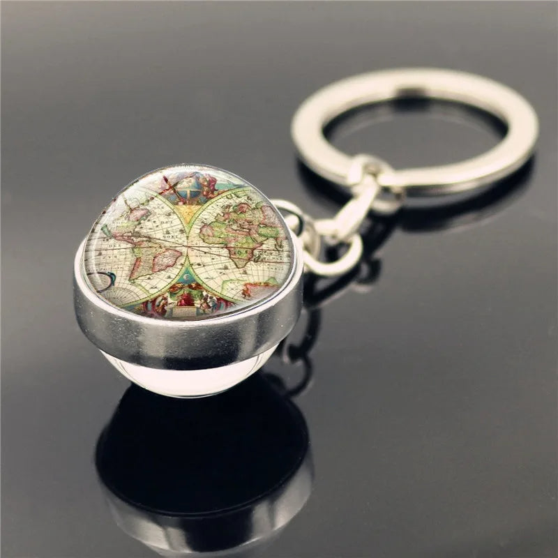 Retro World Map Keychain  Double-Sided Crystal Glass Pendant