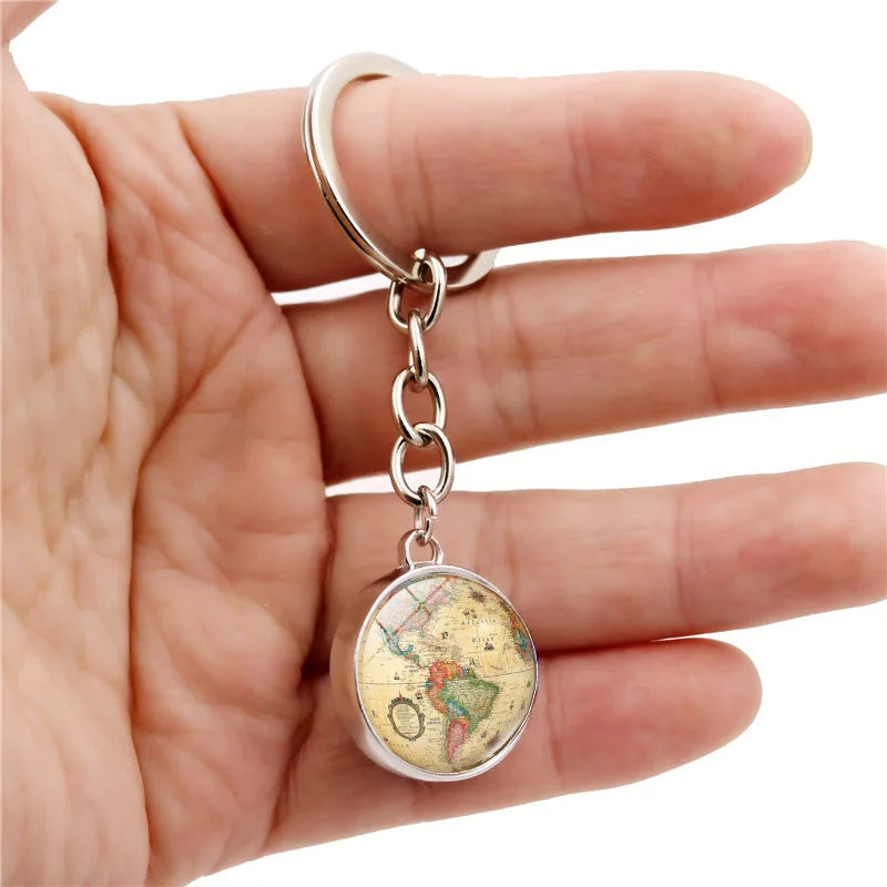 Retro World Map Keychain  Double-Sided Crystal Glass Pendant