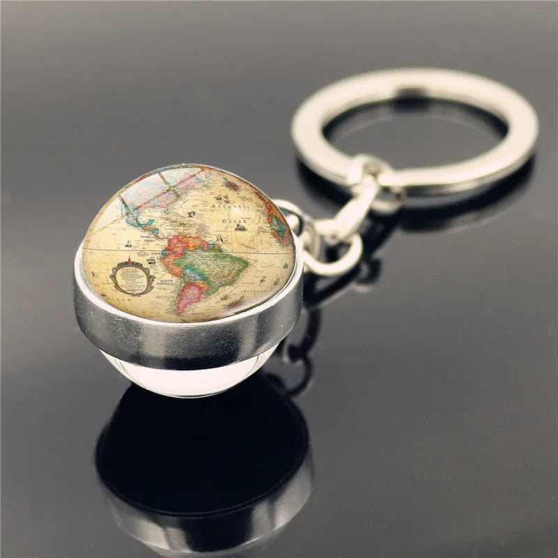 Retro World Map Keychain  Double-Sided Crystal Glass Pendant