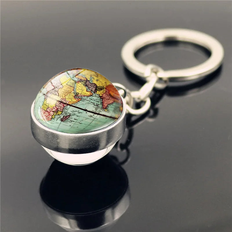 Retro World Map Keychain  Double-Sided Crystal Glass Pendant